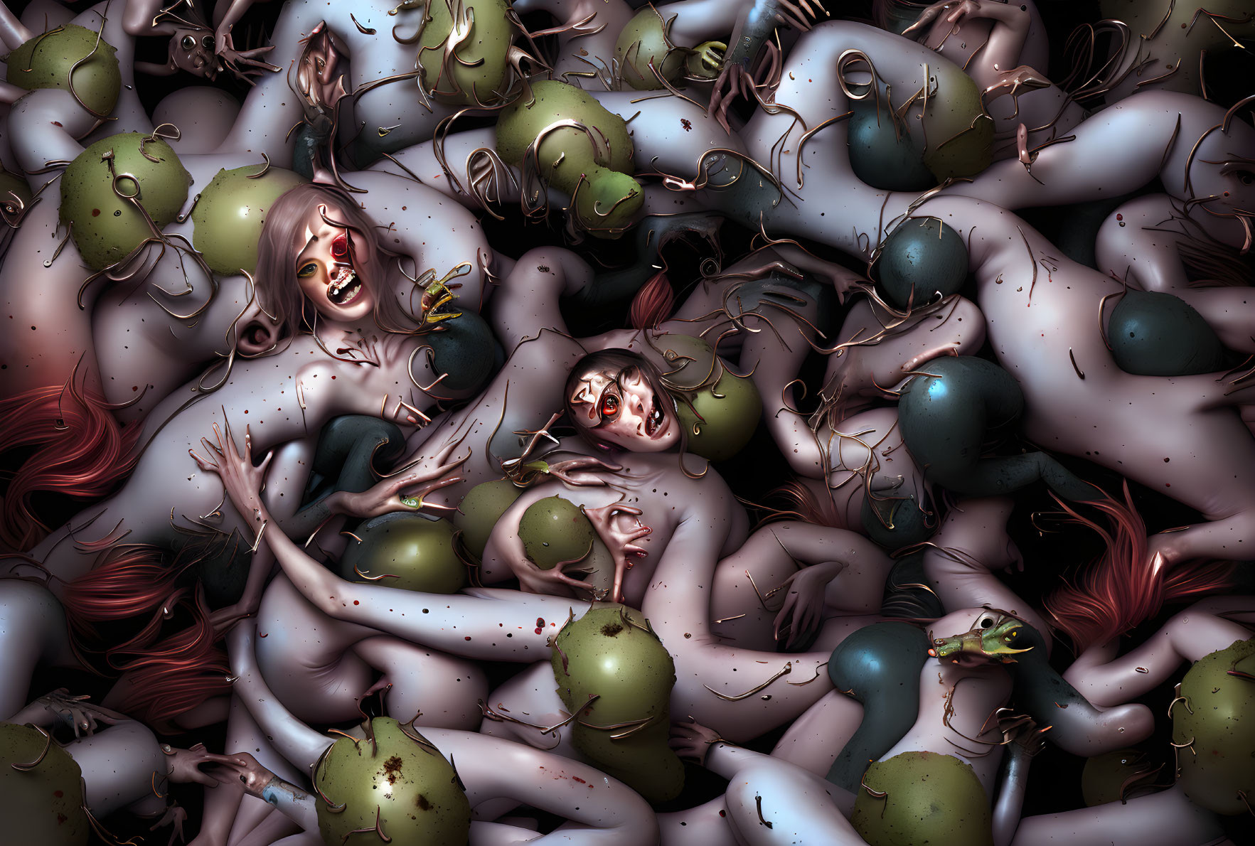 Surreal artwork: intertwined human figures, distorted features, green apples on dark background