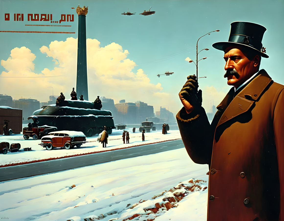 Stylized painting of snowy square with giant statue, vintage cars, small figures, flying ships