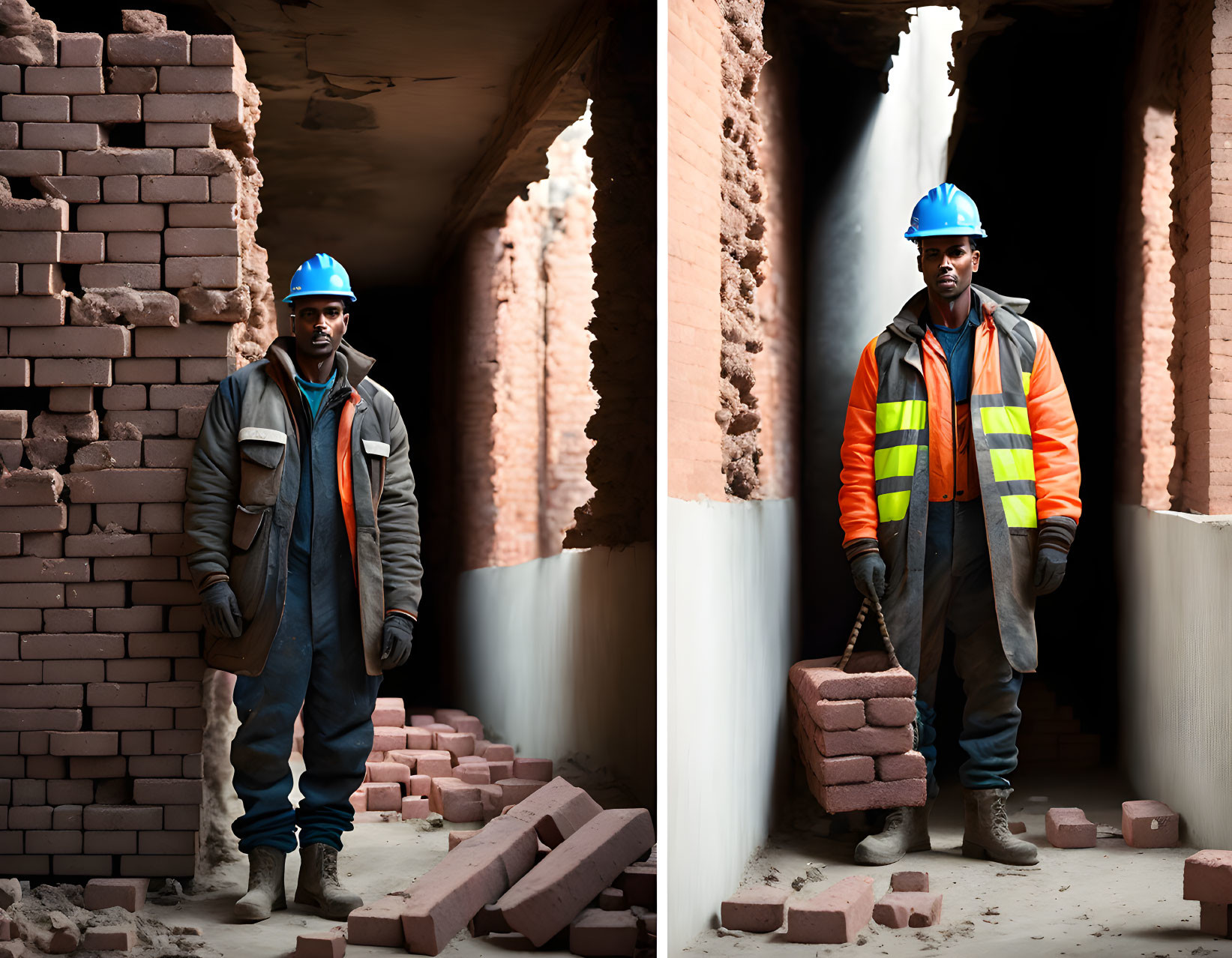 Construction worker in safety gear in brick-lined corridor with beams of light