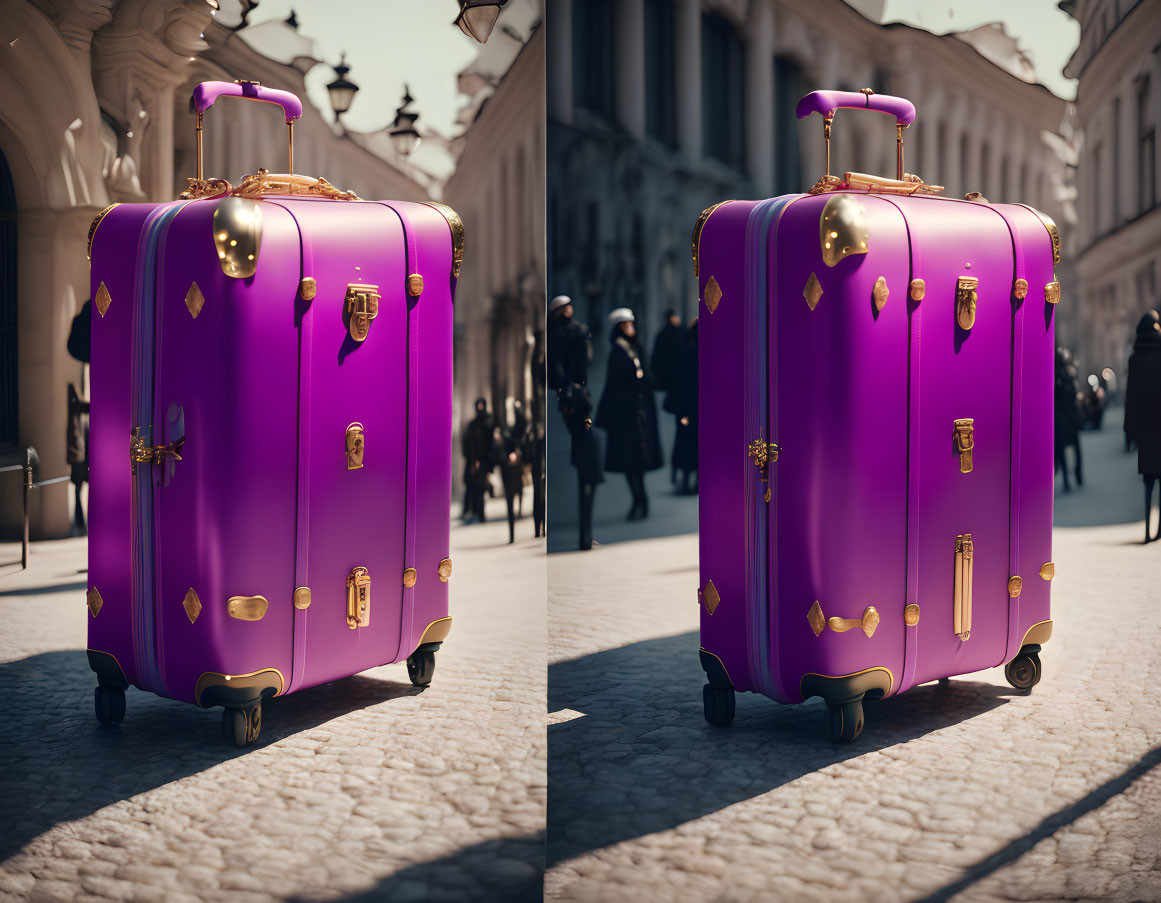 Purple Suitcase with Golden Handles and Locks on City Street with People Walking