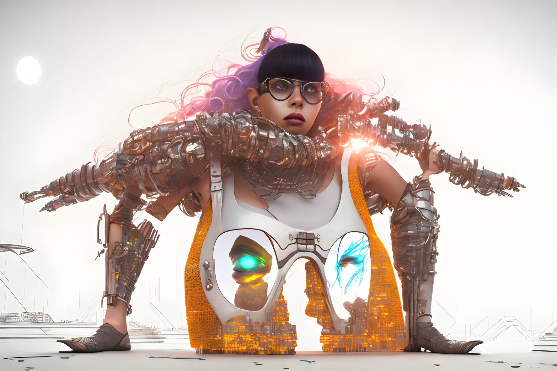 Futuristic woman with mechanical arms in sci-fi cityscape with colorful hair.