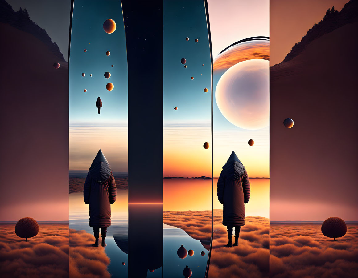 Surreal digital artwork: Cloaked figure at border of contrasting worlds