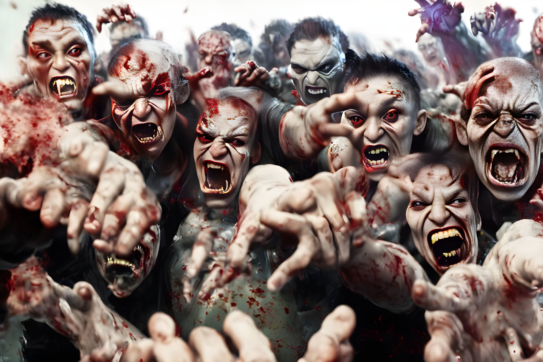 Menacing group of blood-stained zombies with snarling faces