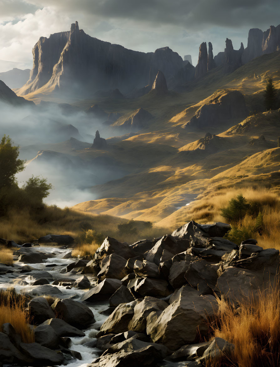 Tranquil landscape: stream, cliffs, spires, sunlit sky