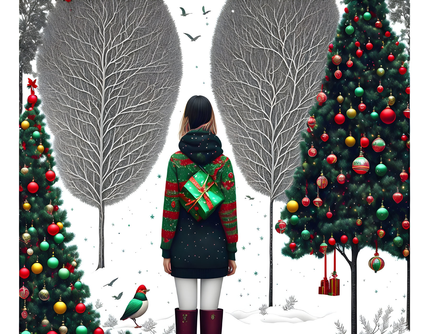 Woman in festive attire between Christmas trees in snowy scene