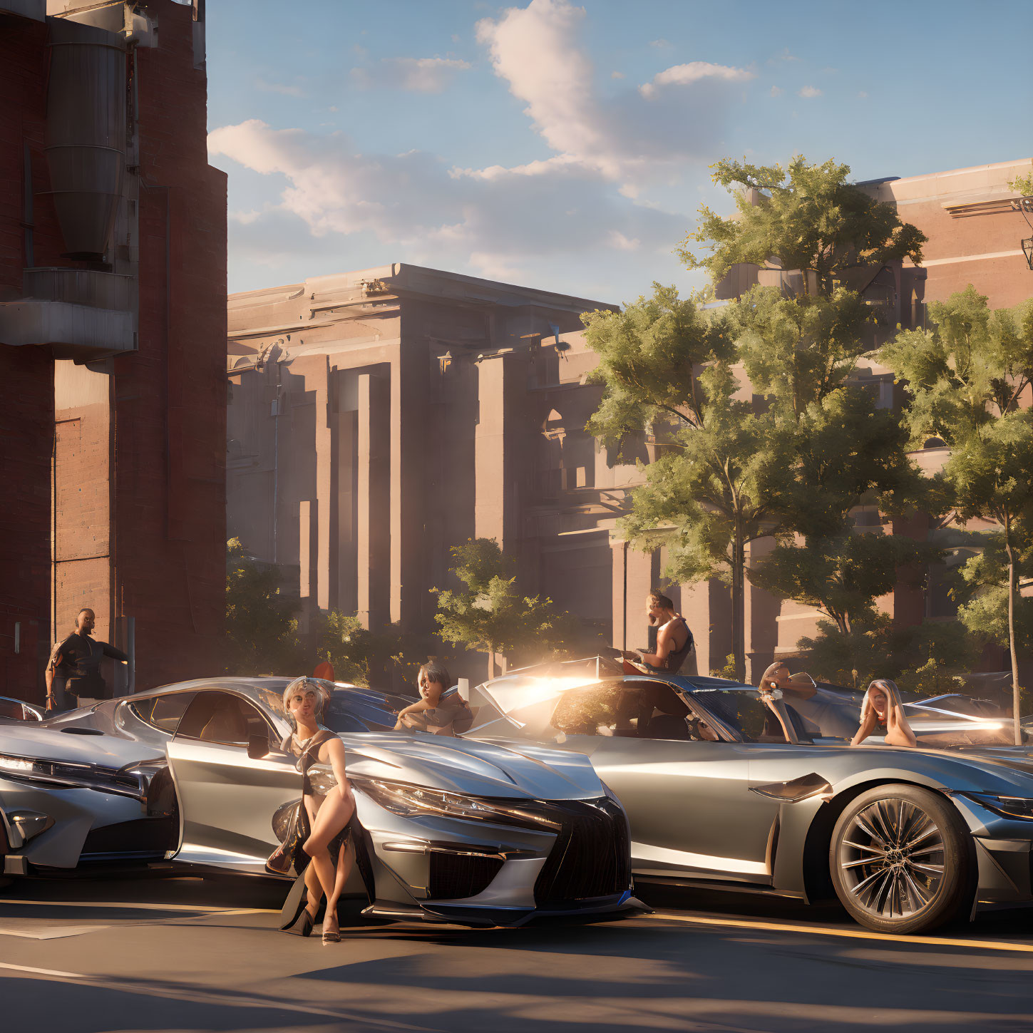 City street scene with pedestrians and futuristic silver cars in warm sunlight