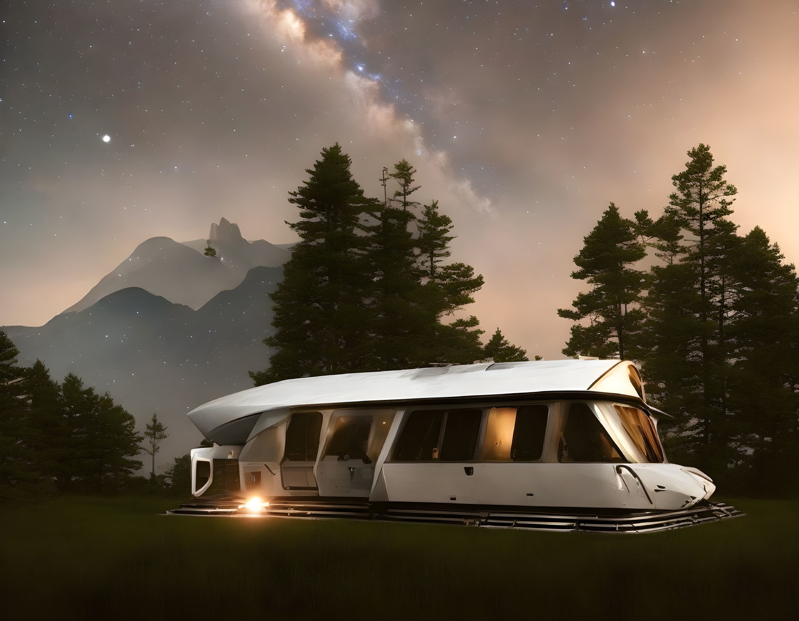 Futuristic RV in night forest with mountains and starry sky