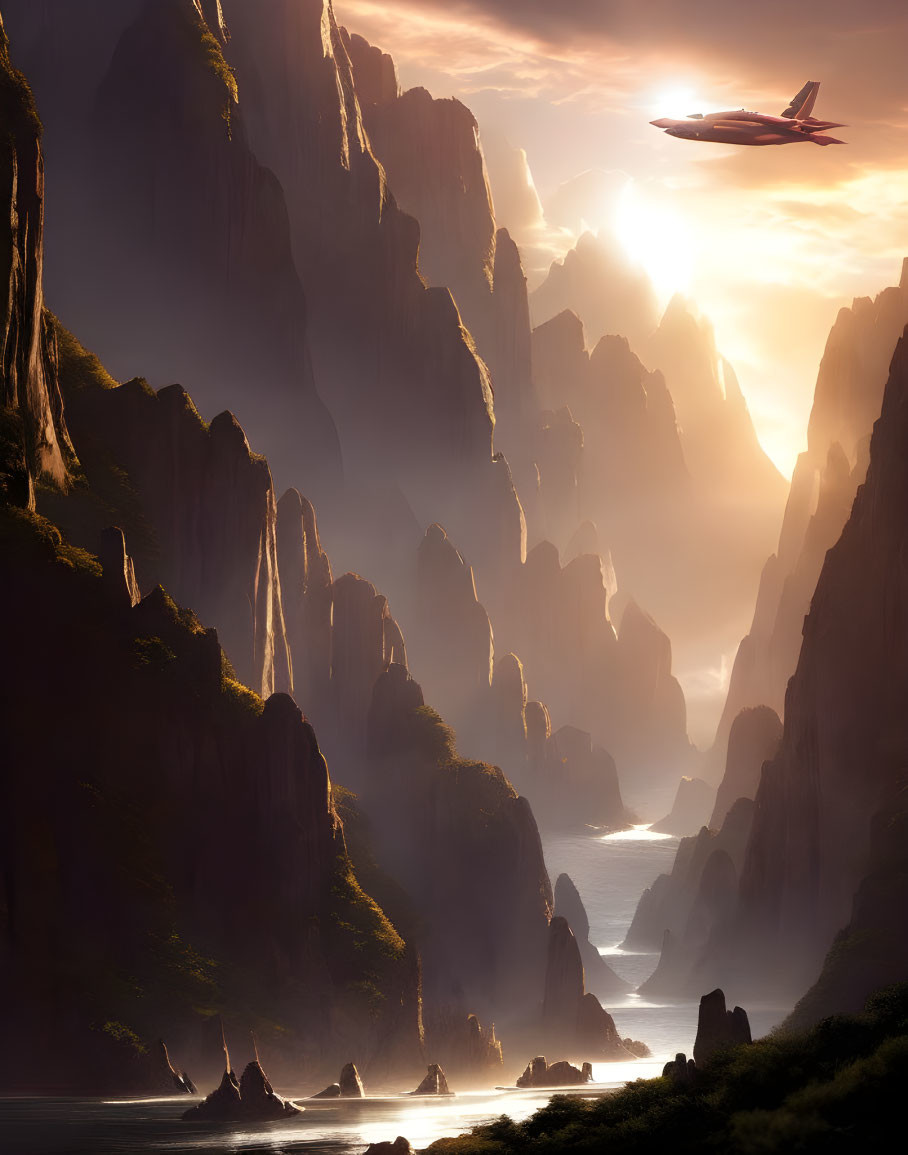 Jet flying over mystical canyon with towering cliffs and river at sunset