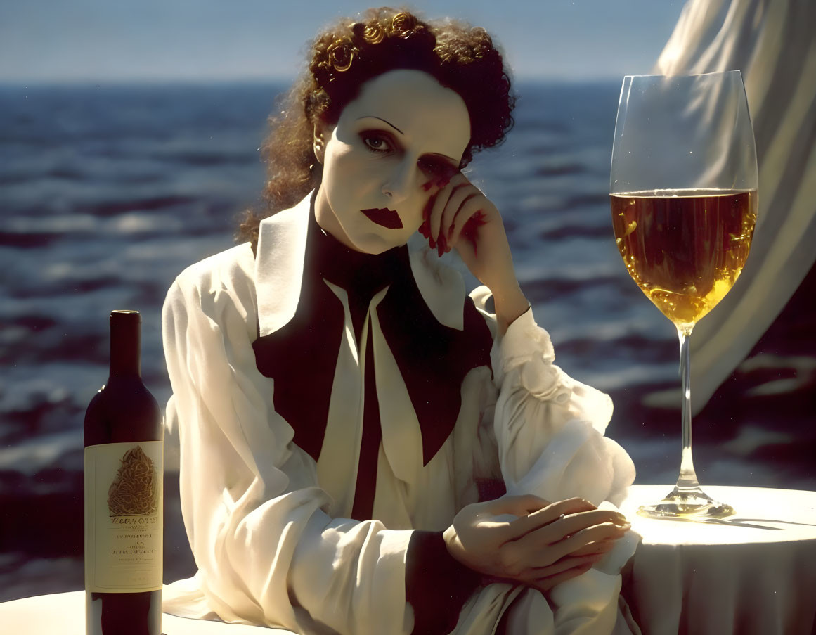 Woman with dramatic makeup at table by the sea with wine bottle.