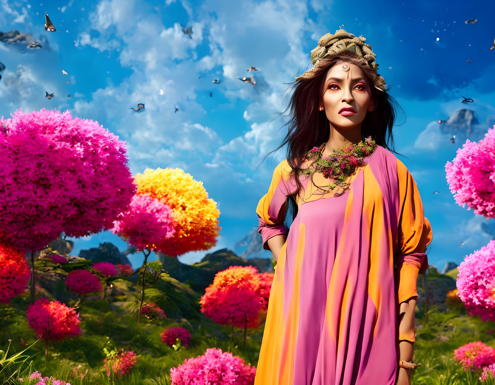 Woman in Colorful Dress Surrounded by Flowers and Birds