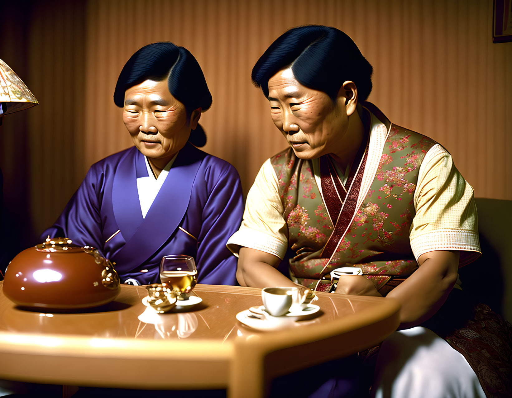 Traditional Korean attire individuals having tea conversation in warmly lit room