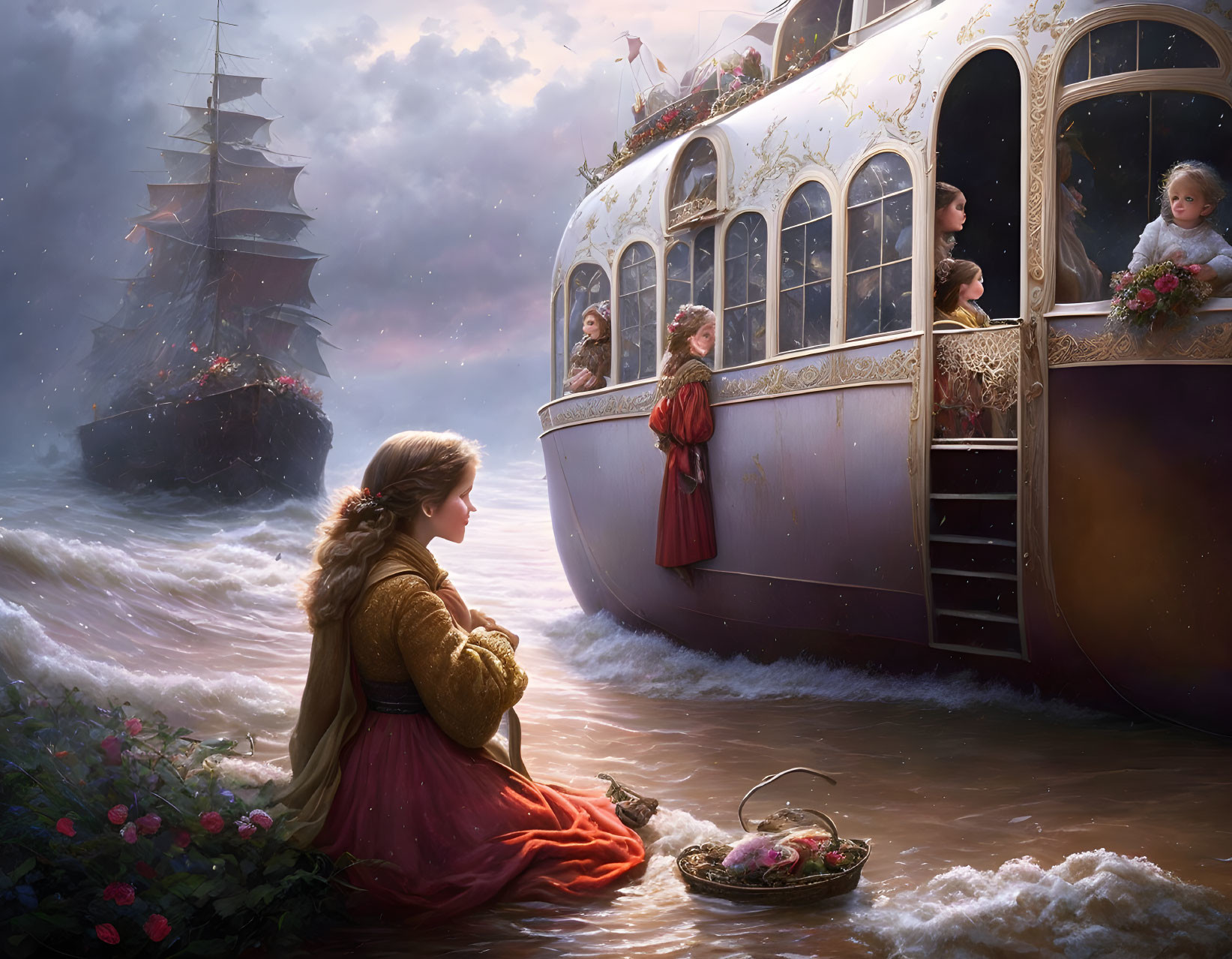 Woman in red dress watching ornate ship sail by with children inside, dramatic sea scene