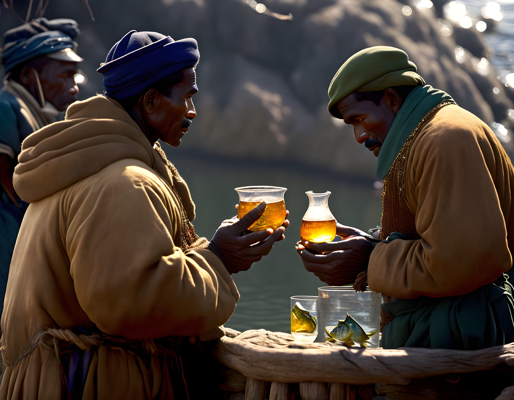 Men in traditional attire sharing drink by water with observer