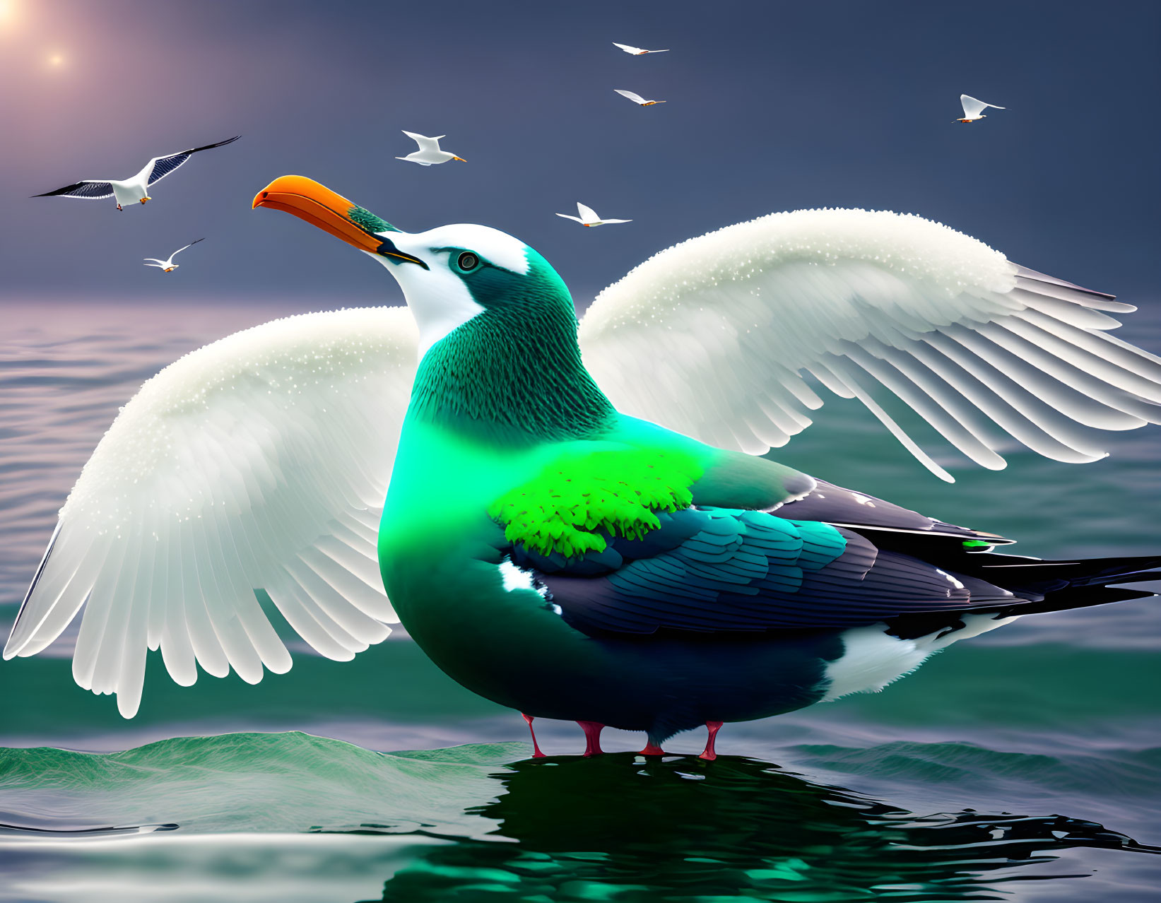 Digitally rendered seagull on water with outstretched wings in serene seascape