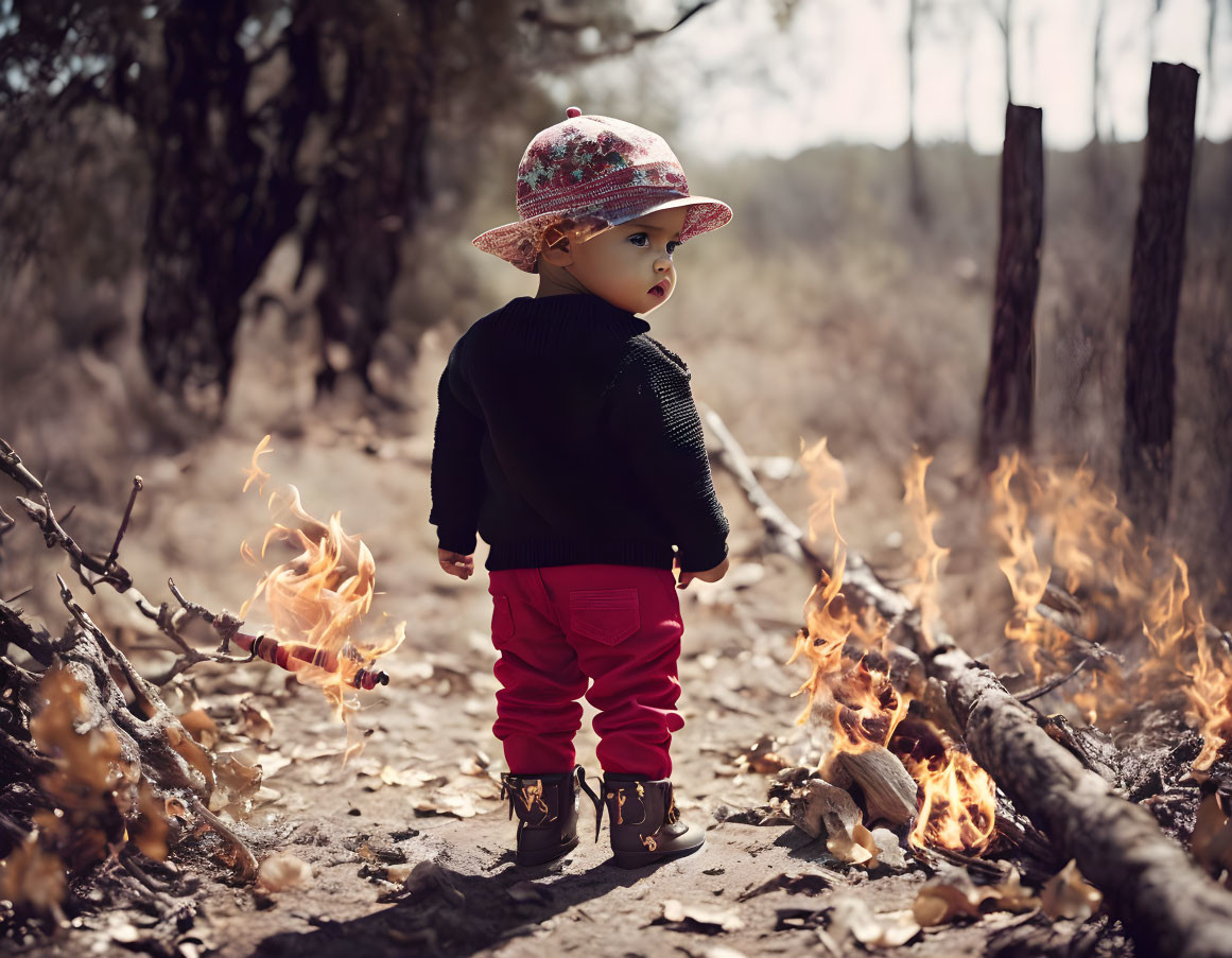 Toddler in Floral Hat Stands in Forest with Small Fires