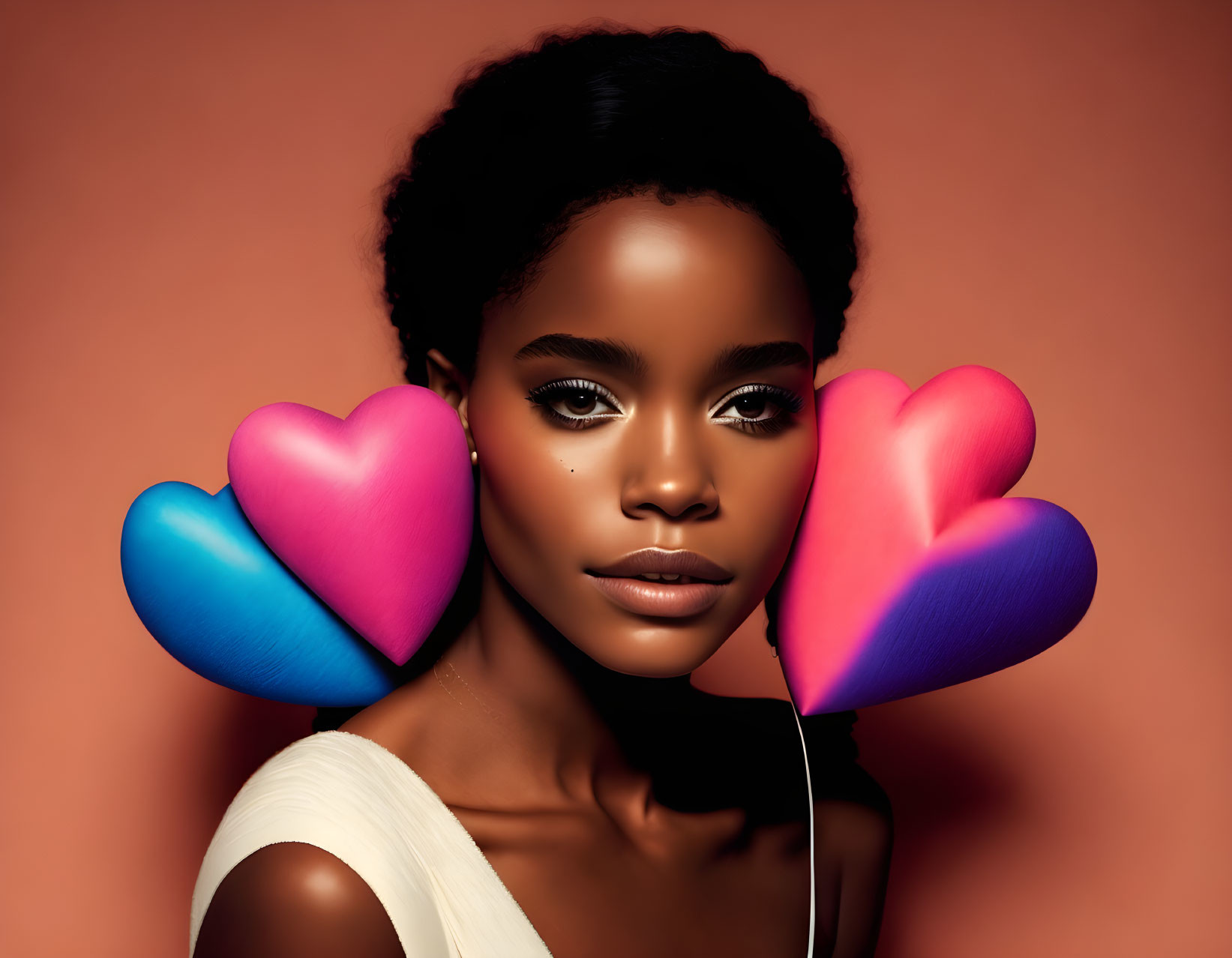 Serene woman with heart-shaped balloons and glowing skin against warm backdrop