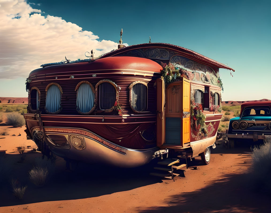 Vintage ornate caravan with wooden details and Christmas decorations in desert landscape adjacent to classic car under clear sky