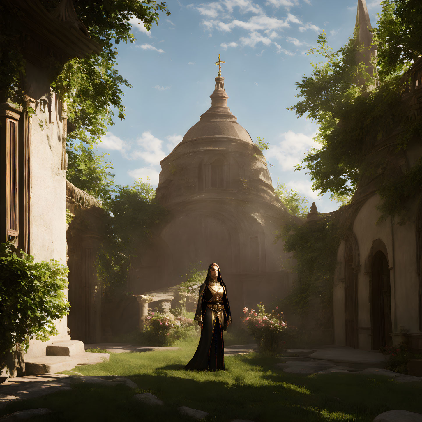 Tranquil courtyard with greenery, sunlight, church dome, and figure in robes