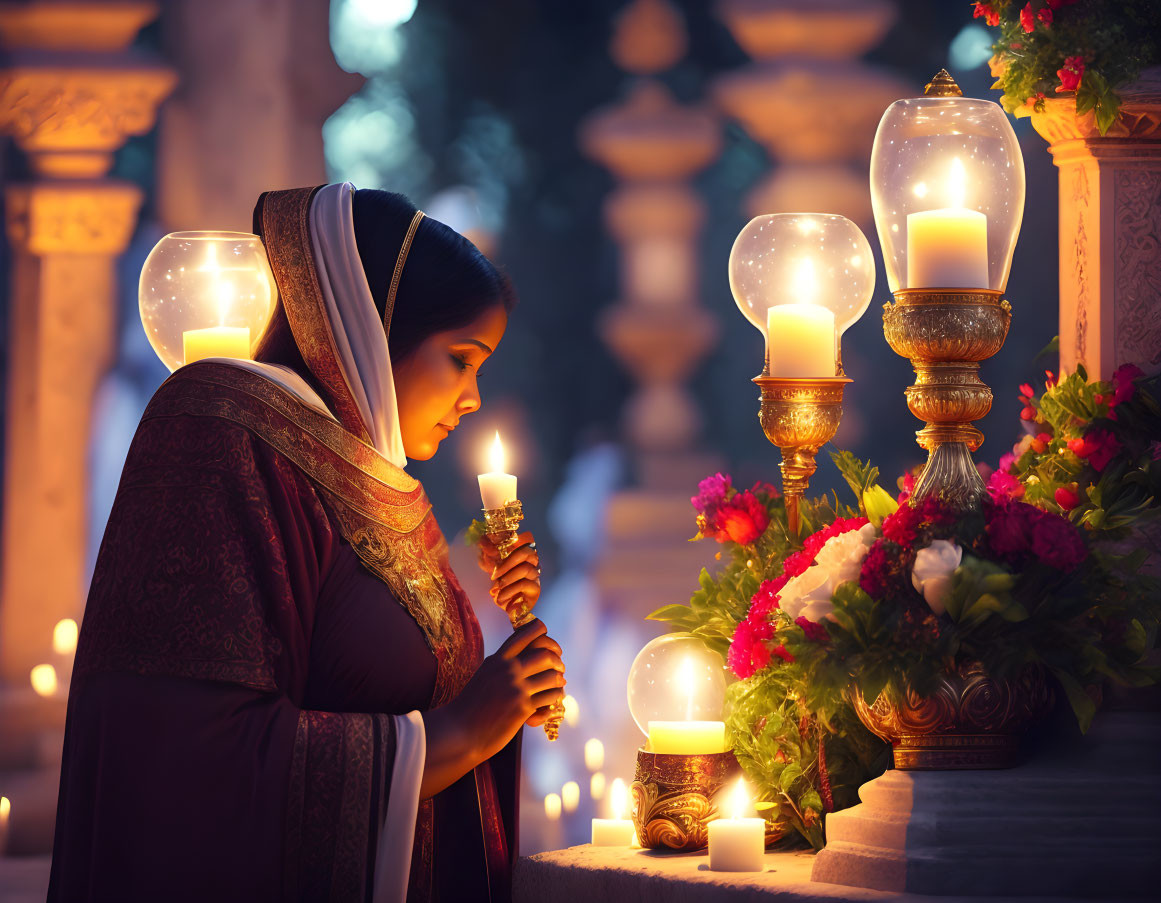 Woman in headscarf with candle among lanterns and flowers