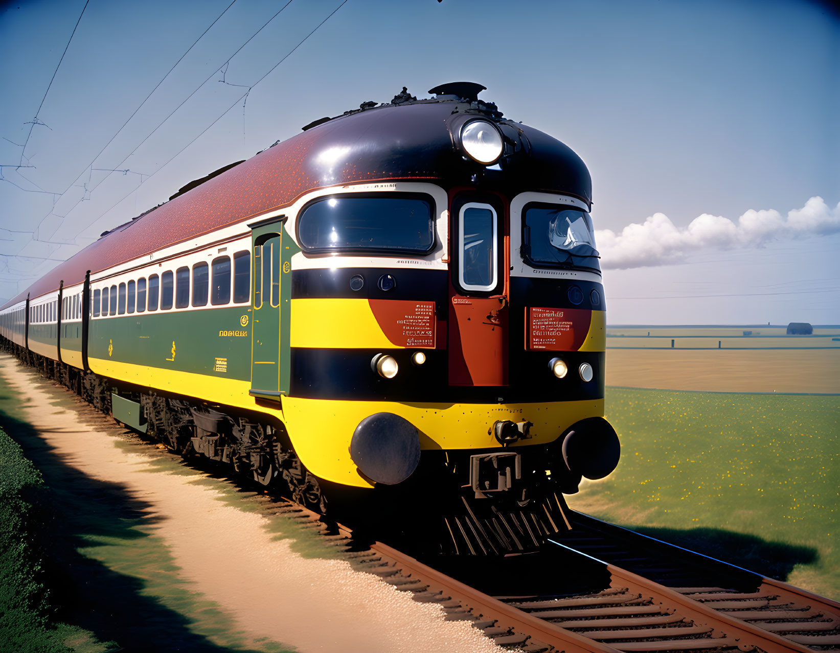 Streamlined black and yellow vintage train on tracks in grassy landscape