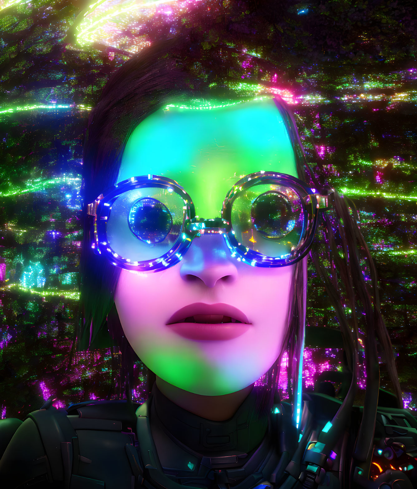 Female character with glowing glasses in futuristic outfit amid neon lights