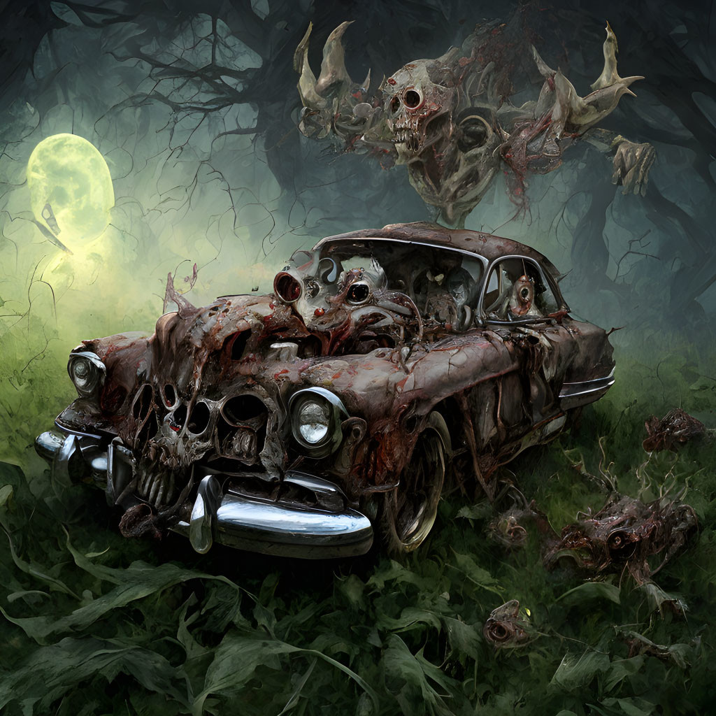 Decrepit car with skull-like features in dark forest with ghostly entities and greenish moon