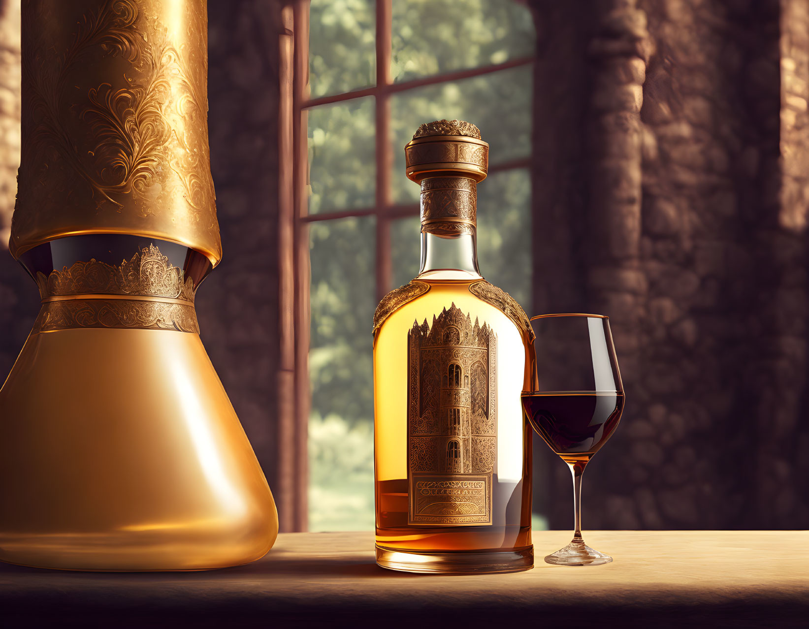 Ornate whiskey bottle and glass on wooden table with sunlight and greenery view