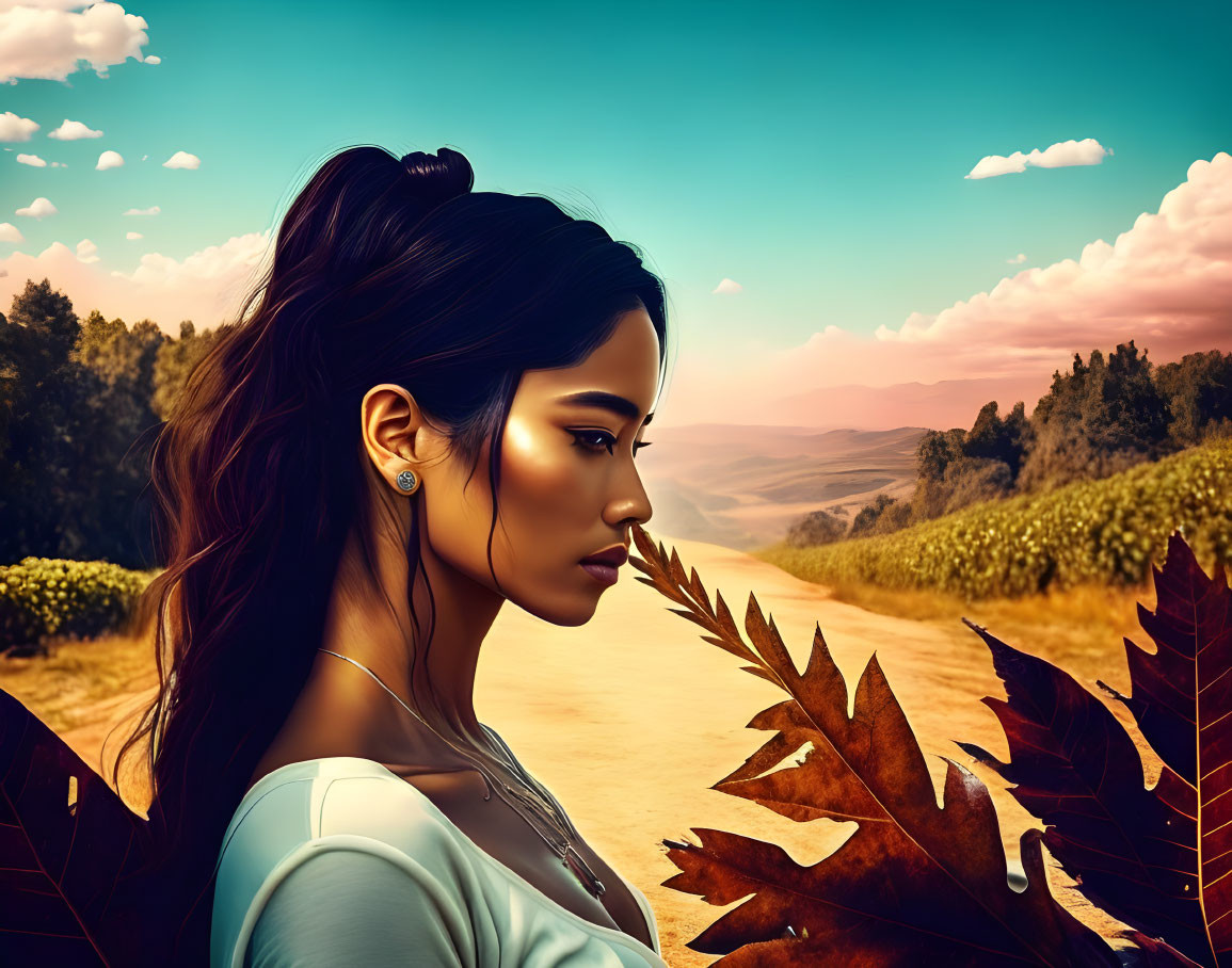 Side profile illustration of a woman in autumn landscape