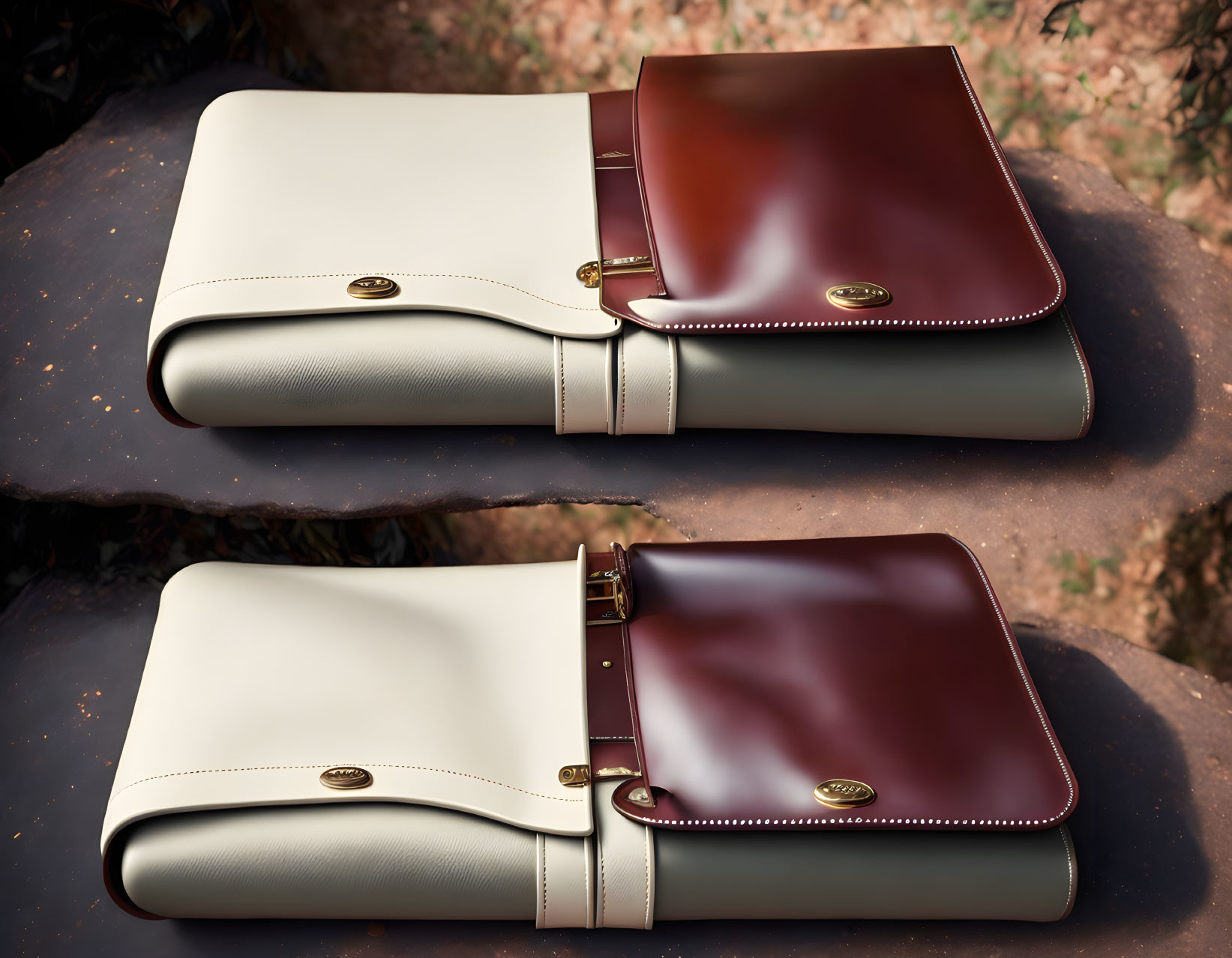 Elegant Cream and Burgundy Leather Satchels with Golden Clasps