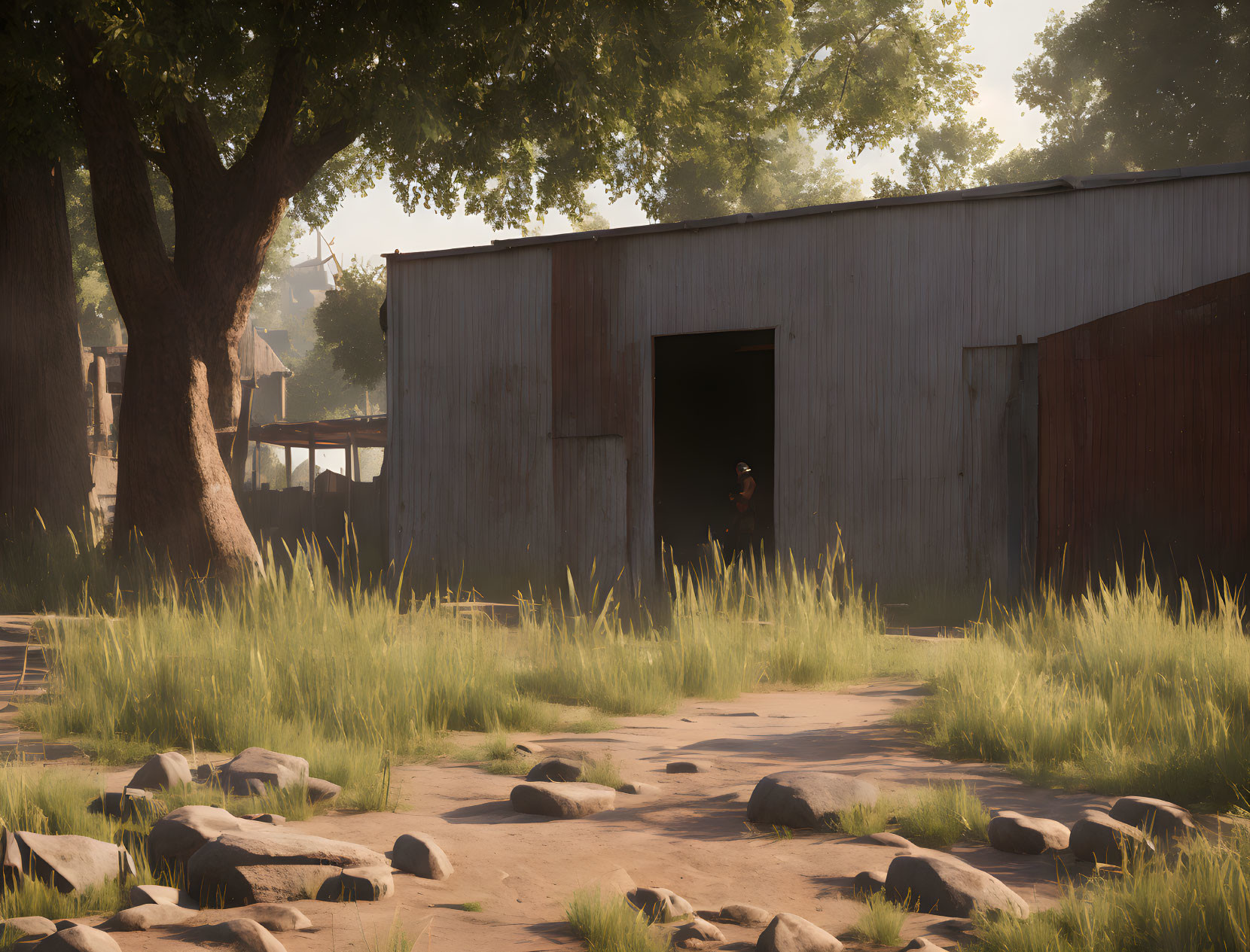 Sunlit Path to Metal Shed with Person in Doorway amid Trees