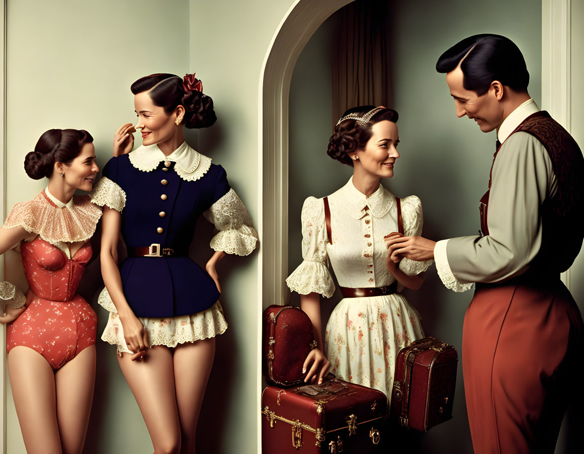 Vintage group of four in 1940s attire conversing warmly