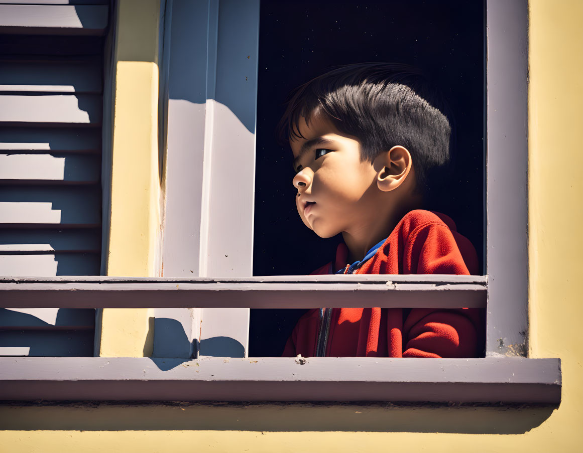 Child in red hoodie gazes from yellow window frame under sunny sky