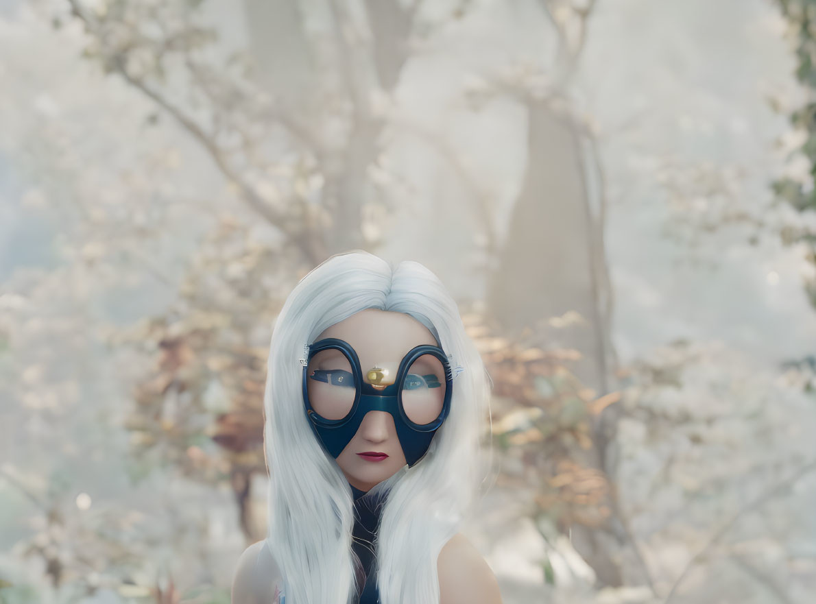 White-haired figurine with black eye mask in nature setting.