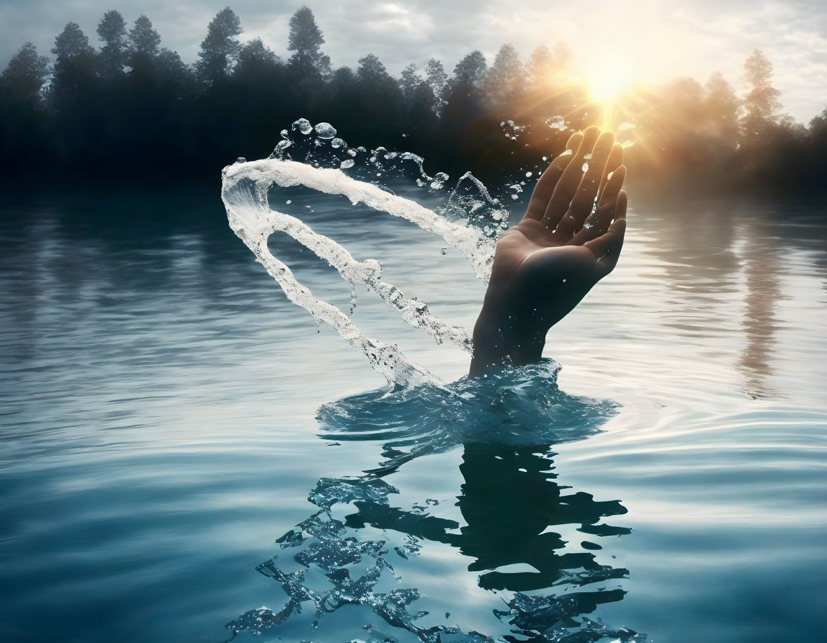 Hand creates heart-shaped splash in water against serene forest backdrop