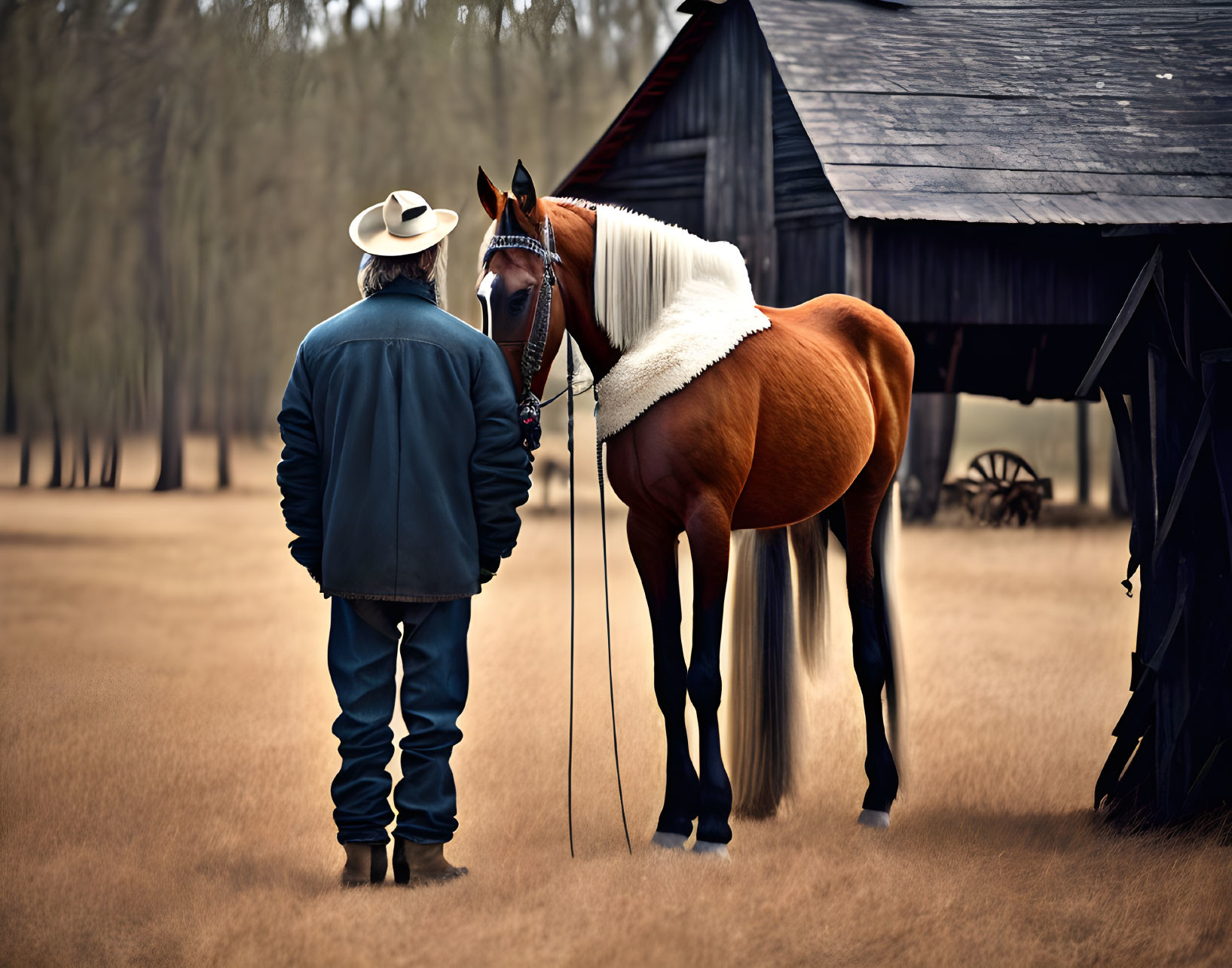 Cowboy hat man with brown horse near wooden barn.