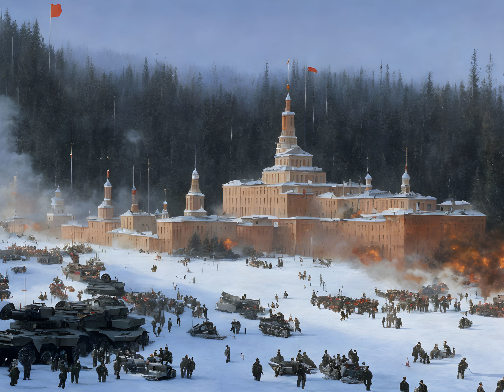 Historical battle scene painting with fortress, soldiers, tanks, fires, and smoke under gloomy sky