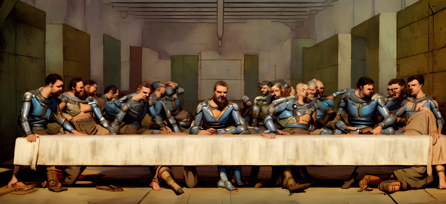 Group of soldiers in blue armor at long table parodying "The Last Supper