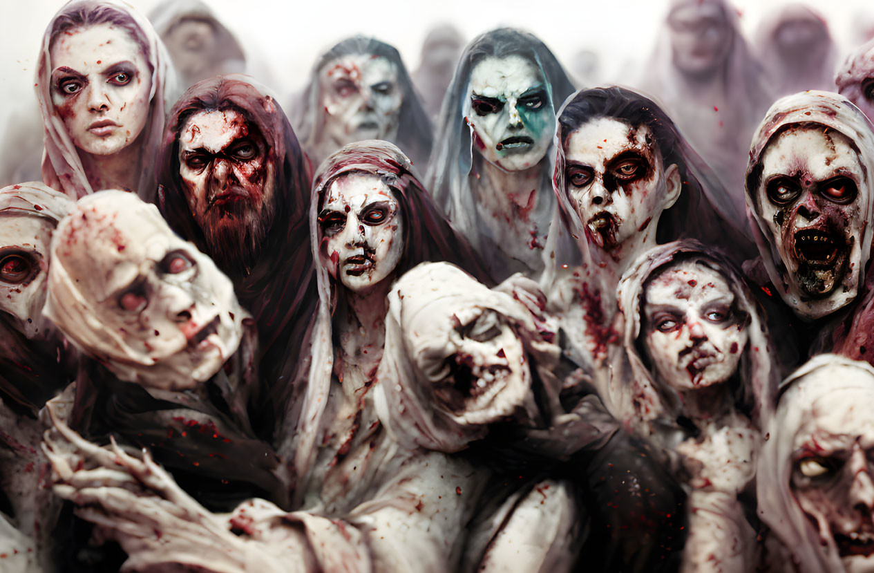 Eerie zombie horde with bloodstained faces in foggy setting