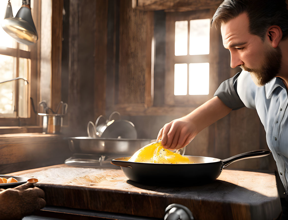 Man cooking omelette in rustic kitchen with sunlight