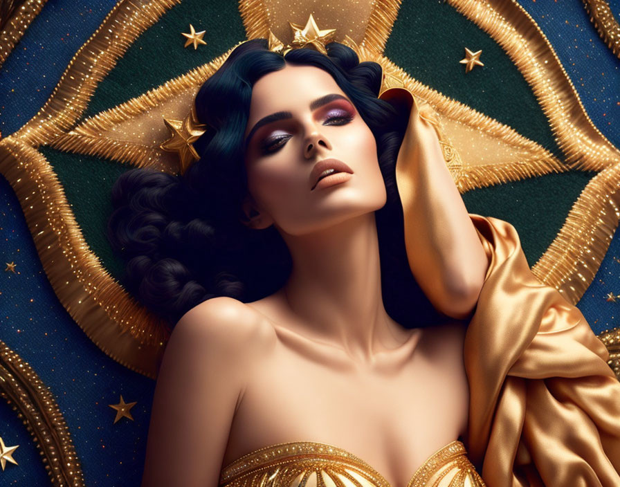 Dark-haired woman with dramatic makeup lying on celestial-themed fabric.