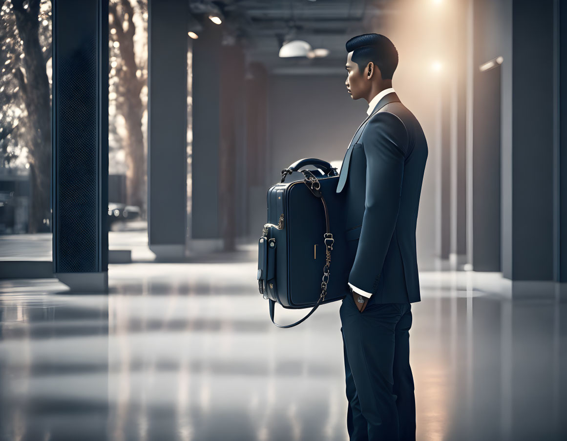 Businessman in suit with briefcase in modern hallway under soft sunlight