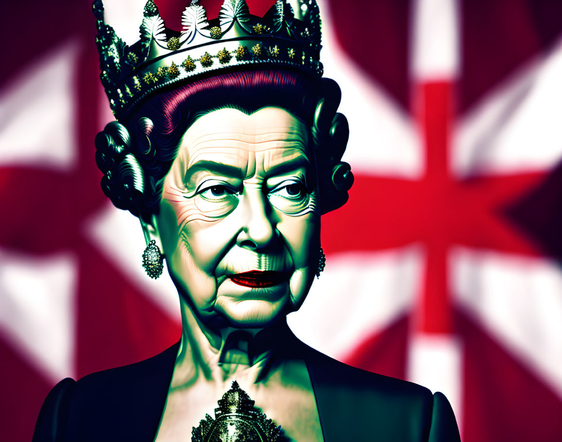 Stylized portrait of woman with crown on UK flag backdrop