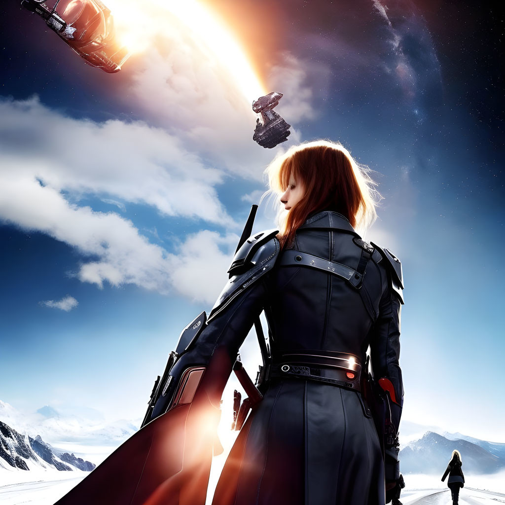 Female warrior in futuristic black outfit watches spaceship crash on snow-covered landscape