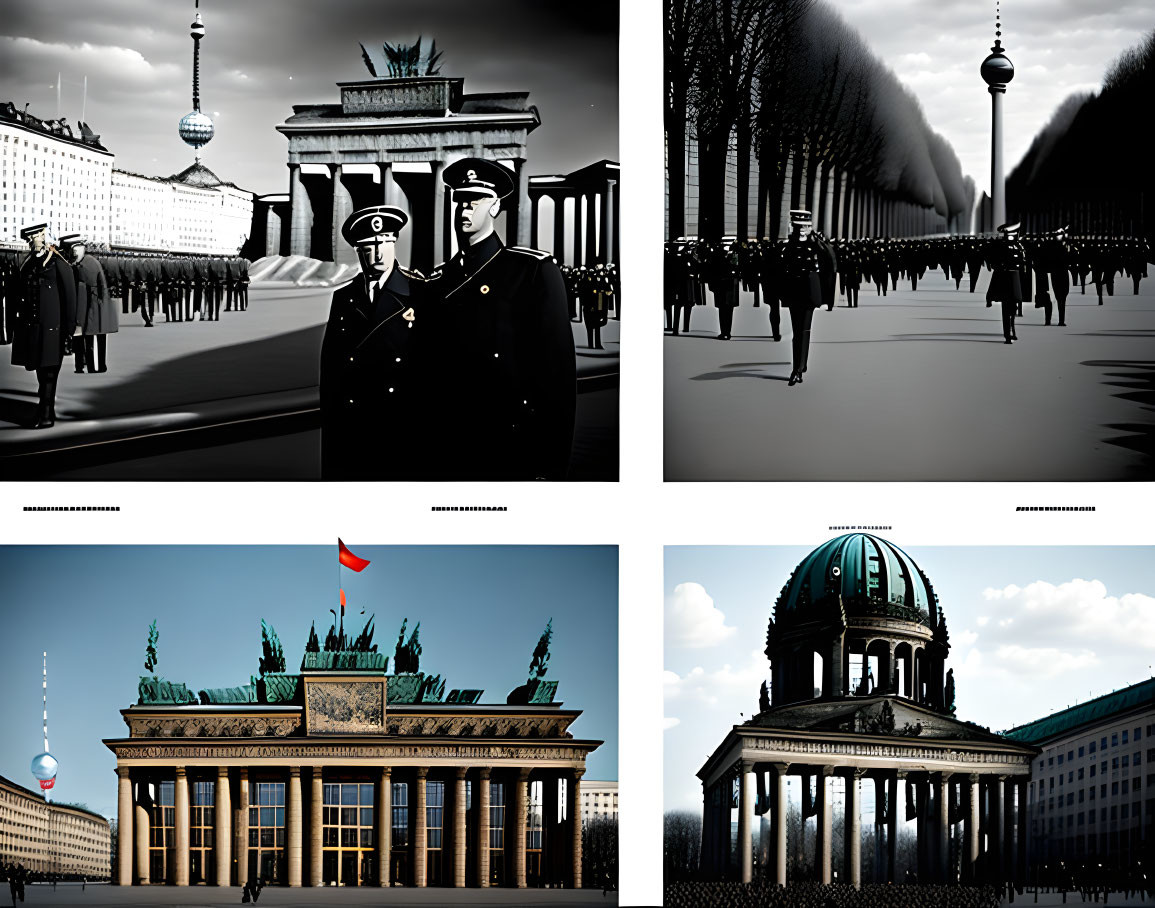 Berlin Landmarks: Brandenburg Gate and TV Tower with Figures in Various Lighting