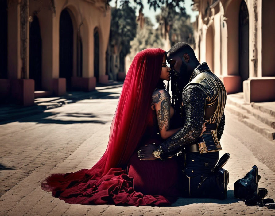 Couple in striking attire and tattoos kiss on deserted street with contrast of red hair and sandy architecture.