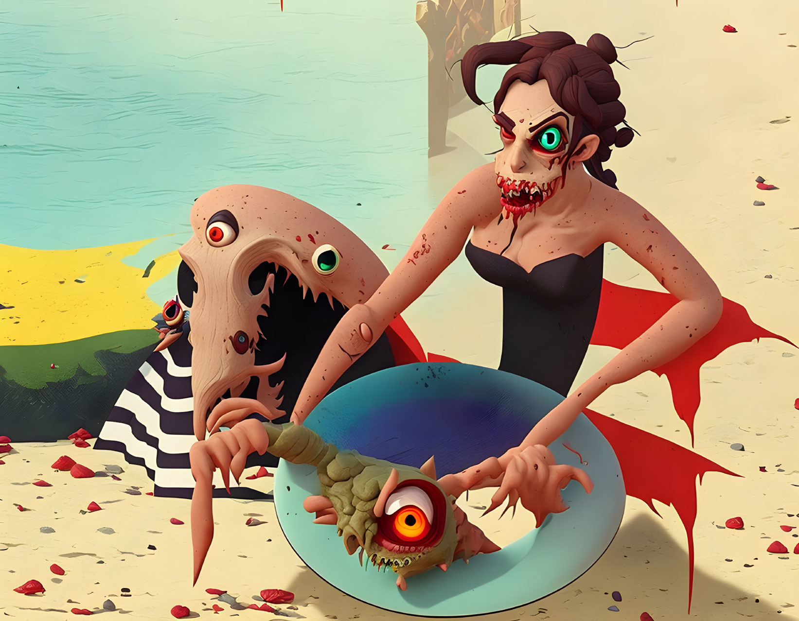 Grotesque zombie figures with fish head platter on beach