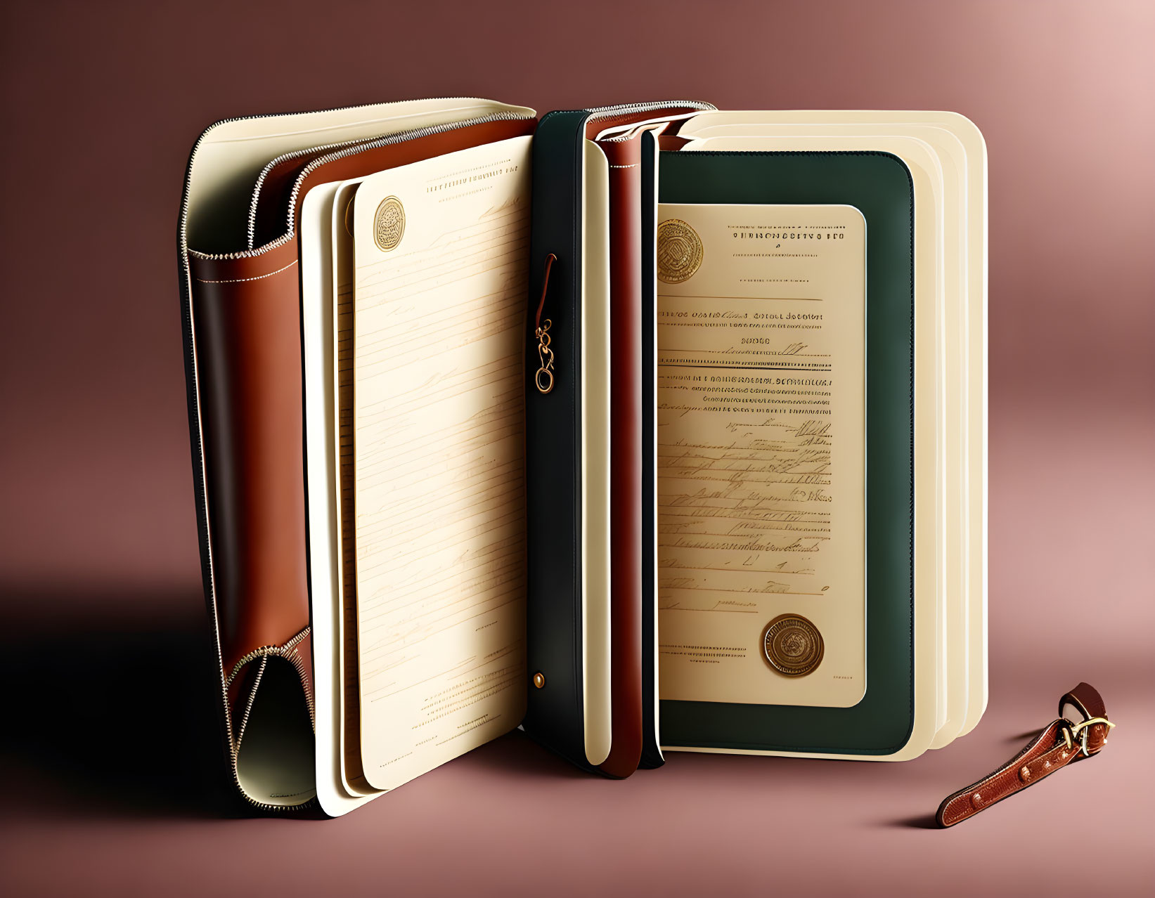 Elegant cream page journals with exposed stitching and leather clasp on brown background