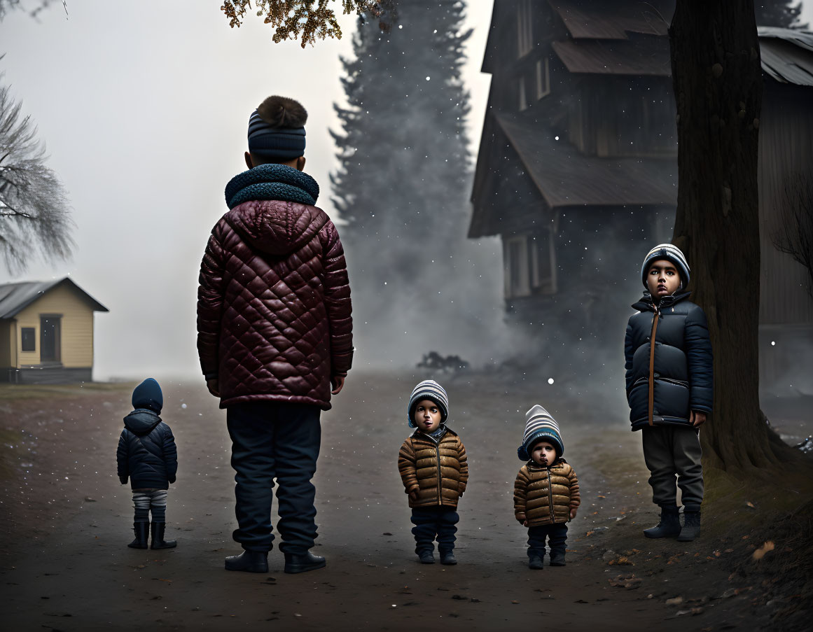 Person with four smaller figures in misty forest setting.