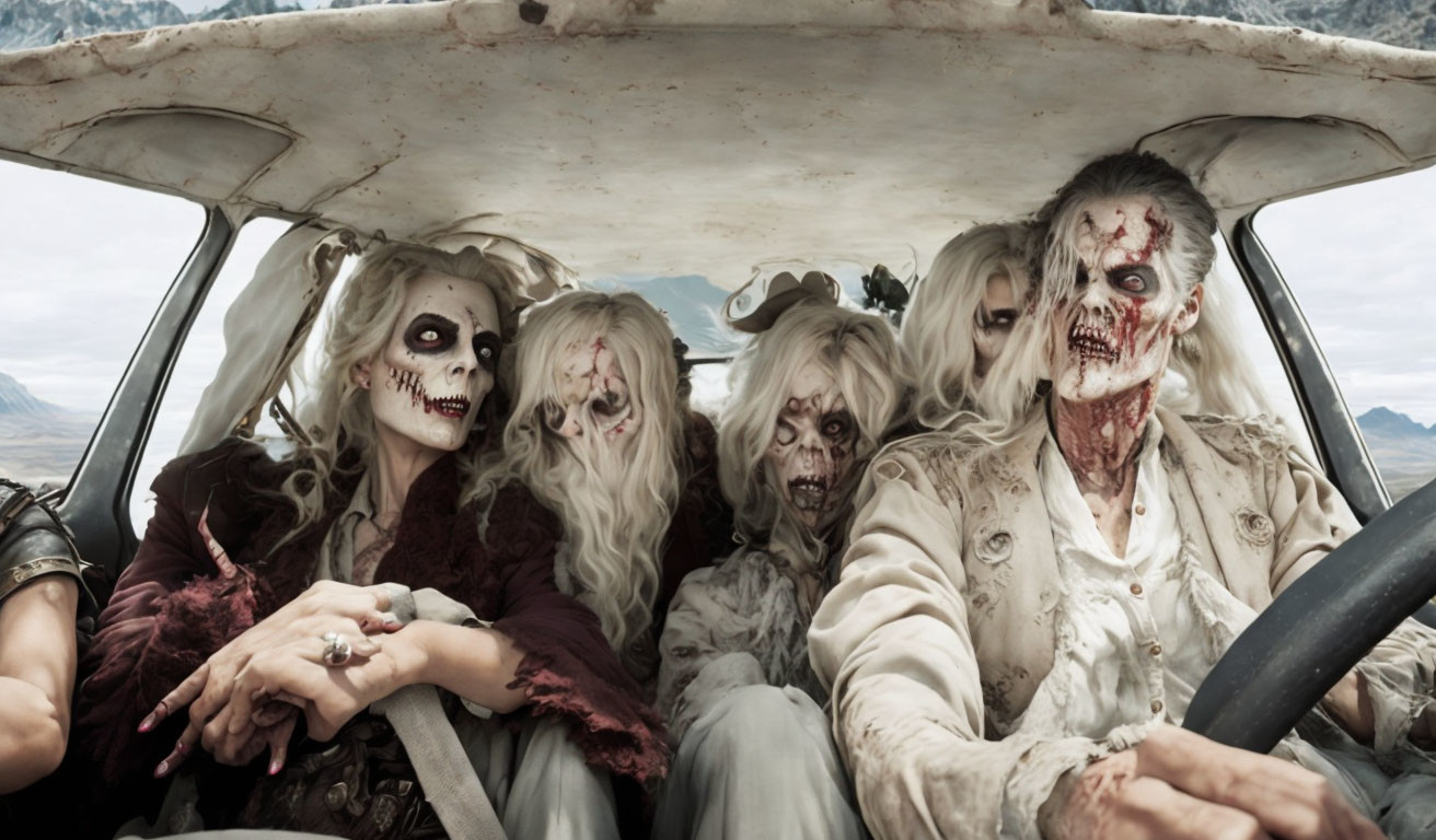 Group of people in zombie makeup posing in car with desolate landscape.