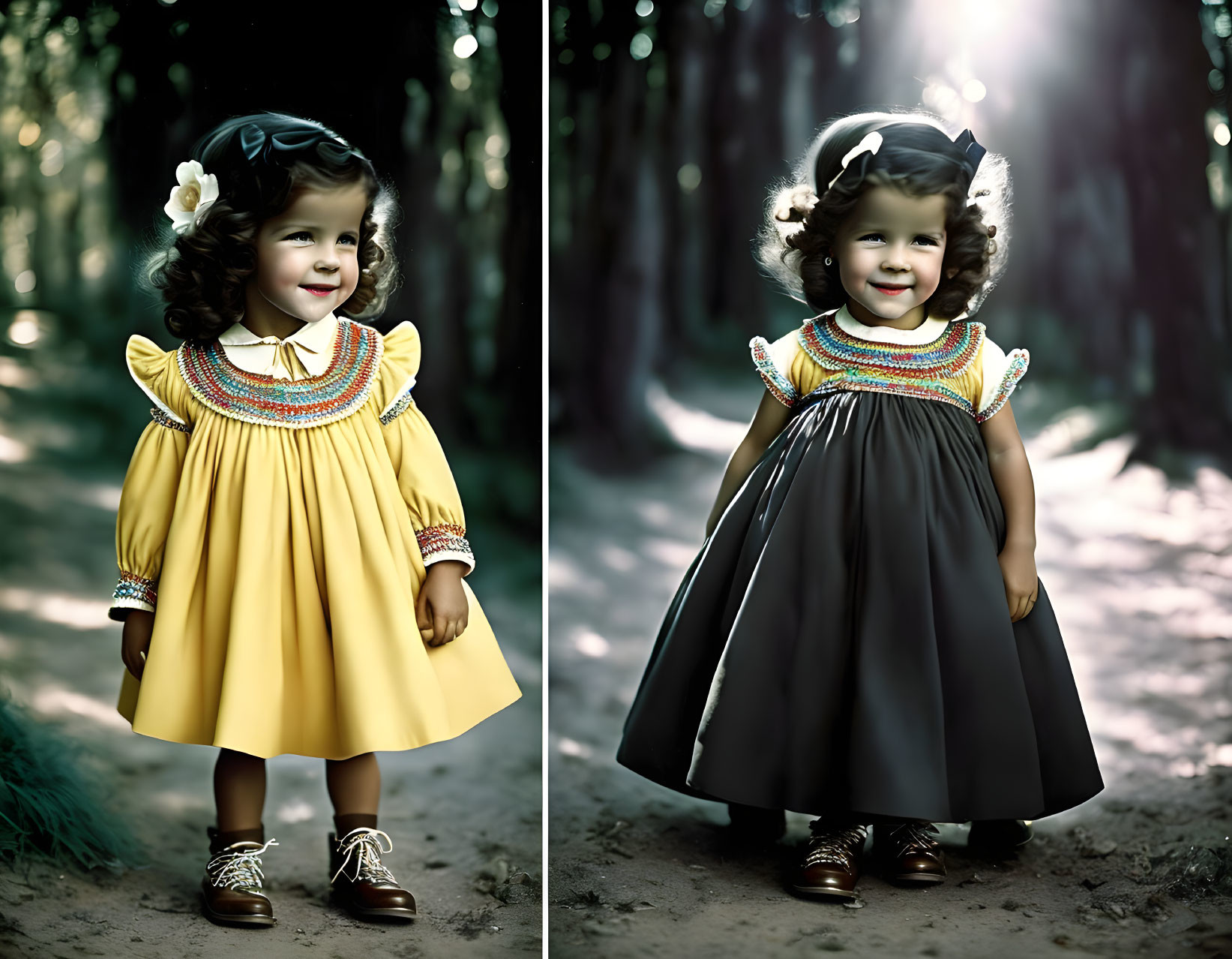 Young girl in vintage dress smiles in sunlit forest in yellow and grey attire with colorful collar